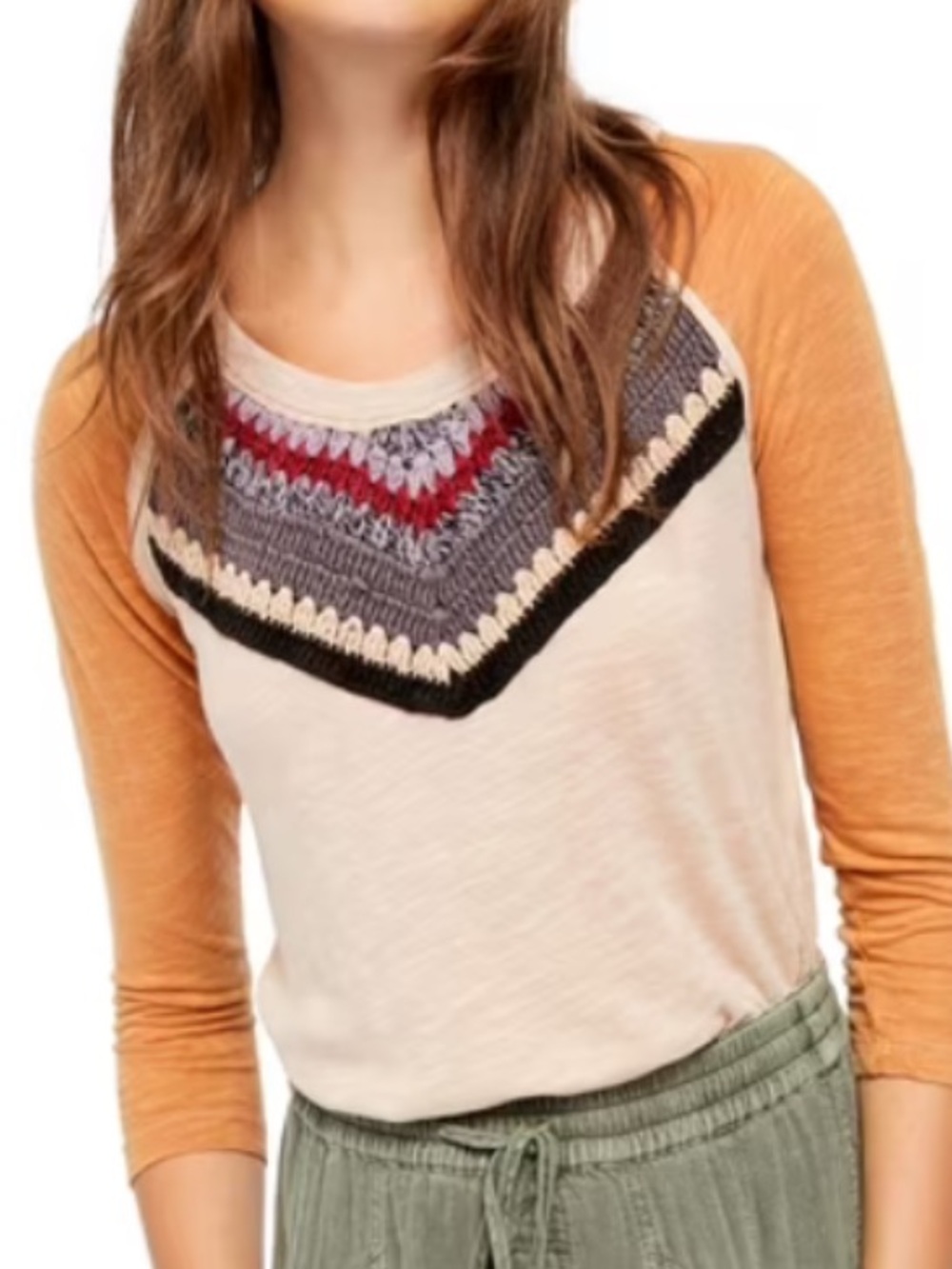 We The Free Spring Bound Crochet Tan Sleeve  Knit Yoke Baseball Tee Size S